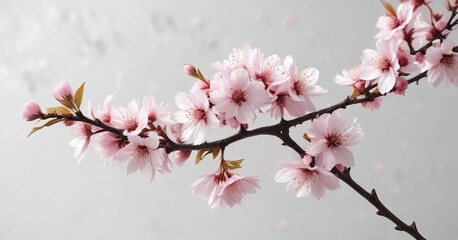 Obraz premium Elegant cherry blossom branch on a white background, pink, delicate, whimsical, decoration