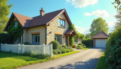 Beautiful suburban house with landscaped lawn, trees, and blue sky on a sunny day