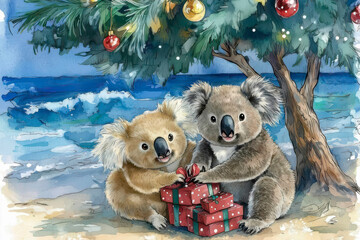 Two koala bears on beach opening presents under a decorated tree.