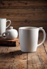 Elegant white porcelain coffee mug on rustic wooden background, elegant, formal, fancy, decorative, classy