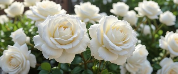 Obraz premium Elegant white rose with a blurred garden of white roses, bloom, white rose, elegant, plant, beauty