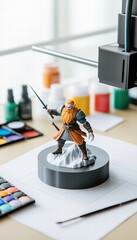 3D printer creating fantasy figurine of warrior with sword, featuring vibrant colors and intricate details. workspace is filled with paint and tools, showcasing creativity