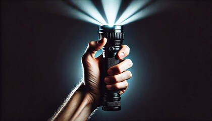 Hand holding led flashlight with wide white beam on black background