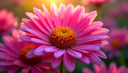 Close-up of a vibrant pink flower with dew drops, bathed in soft sunlight. A beautiful floral image perfect for nature-themed projects.
