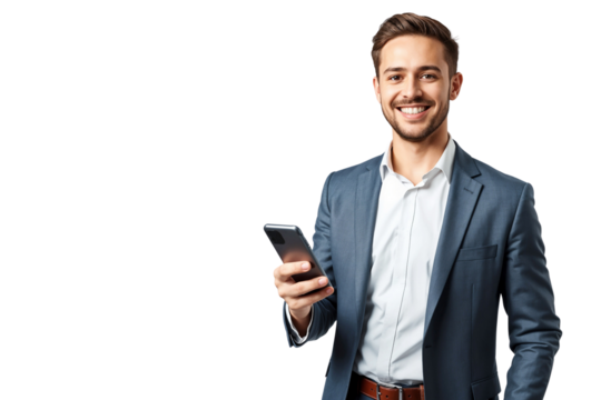 Young handsome businessman with smartphone, isolated on transparent background