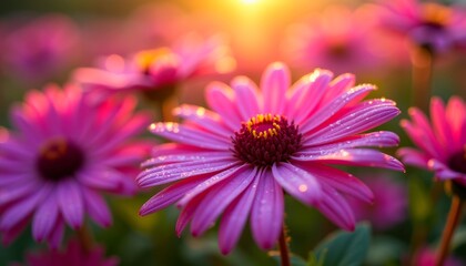 Obraz premium Close-up of vibrant pink flowers glistening with morning dew, bathed in warm sunlight. A beautiful floral scene. 