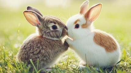 Obraz premium Two adorable rabbits playfully interacting in a lush green field, capturing the essence of love and friendship in nature.