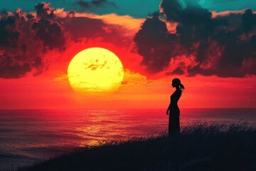 Obraz premium Solitary Figure Silhouetted Against Vibrant Sunset Ocean