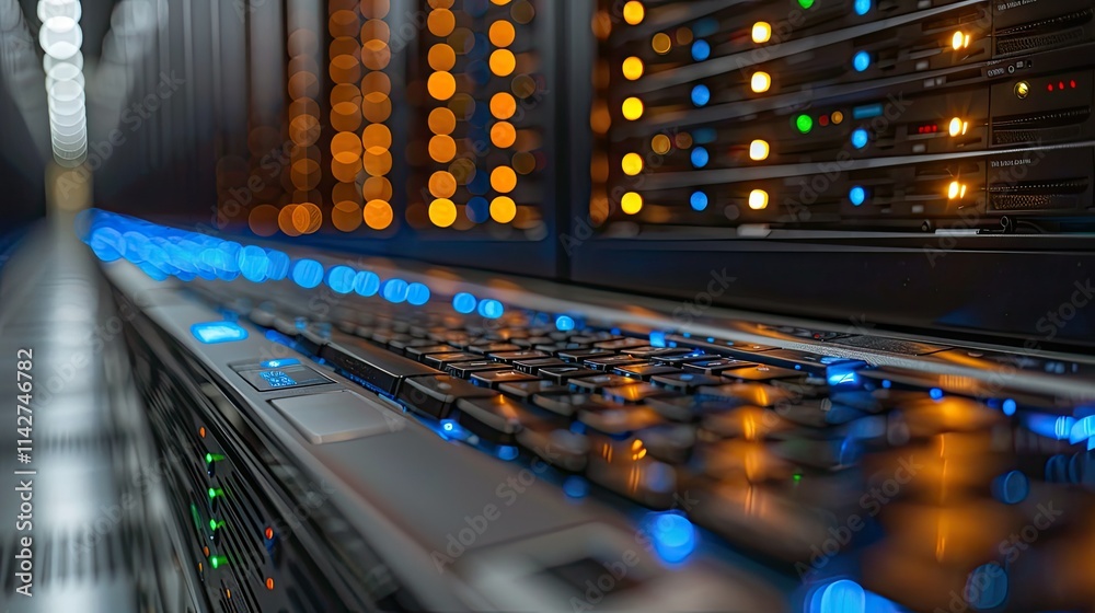 Poster a close-up view of a server rack with illuminated components and a keyboard.