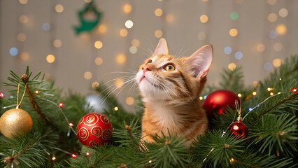 Obraz premium Portrait of a curious ginger cat surrounded by Christmas tree branches with New Year's toys