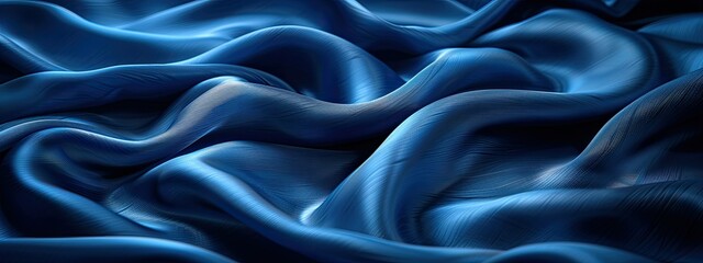 A close-up view of elegant blue satin fabric, showcasing its smooth texture and folds.
