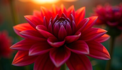Fototapeta premium A captivating macro shot showcasing the exquisite details of a deep red dahlia. The warm sunlight illuminates the petals, creating a radiant glow. The blurred background enhances the flower's beauty.