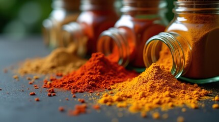 Vibrant Close-Up of Colorful Spices Spilling from Glass Jars on Dark Surface