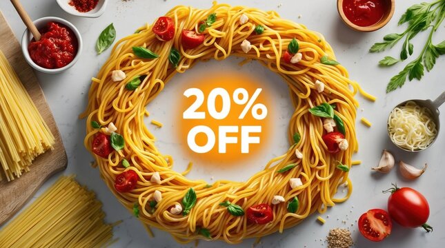 Pasta promotion kitchen food image bright setting overhead view discount concept for culinary enthusiasts