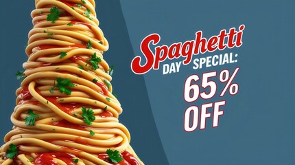 Spaghetti day special 65% off delicious pasta offer at local restaurant food promotion festive atmosphere