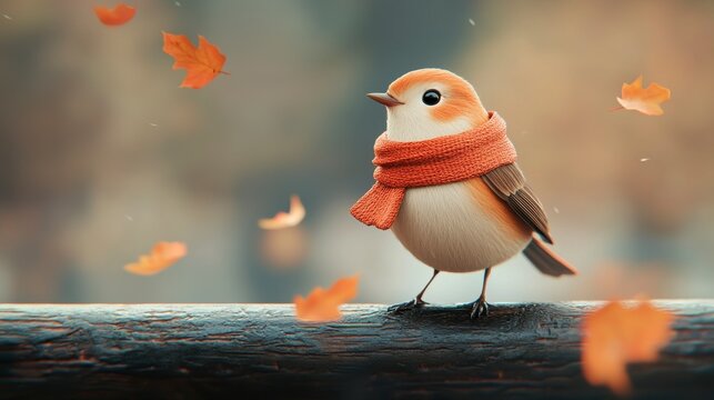 A charming bird in a cozy scarf stands on a log, surrounded by autumn leaves, capturing the essence of fall's beauty.