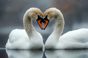 Obraz premium Two swans gracefully form a heart shape with their necks, symbolizing love and unity on a serene lake.