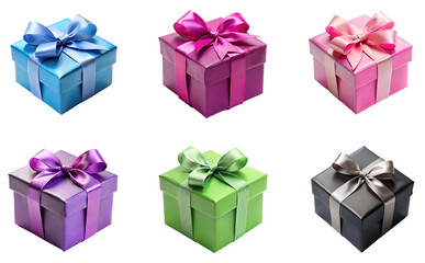 Collection set of colorful gift boxes with bow ribbons isolated on transparent background, Christmas, birthday, anniversary or Valentine's, holiday decor 05