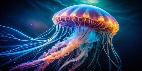 Fototapeta premium Mesmerizing Long Exposure Jellyfish Photography: Underwater Ocean Life, Bioluminescent Creatures, Glowing Jellyfish, Aquatic Animals, Sea Life Images