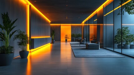 Fototapeta premium Modern luxury hotel lobby with orange neon lights, dark walls, plants, and comfortable seating.