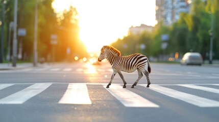 Urban Scene Featuring a Striped Zebra Gracefully Crossing a Busy City Street Surrounded by Modern Architecture and Vibrant City Life Atmosphere
