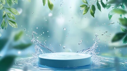 Blue podium in water splash, green leaves background.