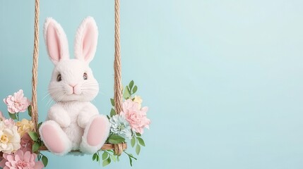 Obraz premium A cute plush bunny sits on a floral swing against a soft blue backdrop, perfect for spring and Easter themes.