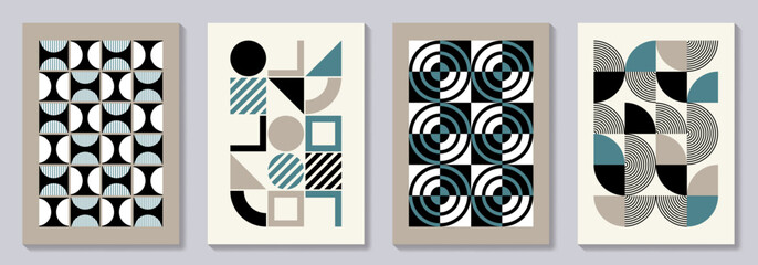 Retro set of geometric vector trendy bauhaus pattern backgrounds set. Vintage posters with 20s geometric design for cover design, poster and interior.
