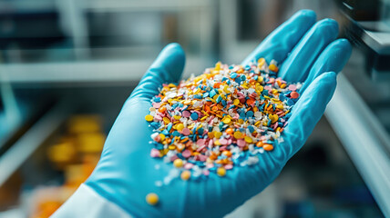Obraz premium Colorful microplastics collected in scientific study, showcasing various shapes and sizes in gloved hand. This highlights environmental concerns and pollution awareness