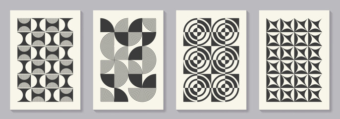 Retro set of black and white geometric vector pattern minimal posters with 20s geometric design. Trendy bauhaus pattern background for cover design, poster and interior.