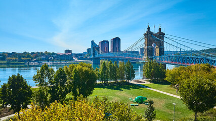 Aerial of Roebling Bridge and Covington Skyline Over Ohio River