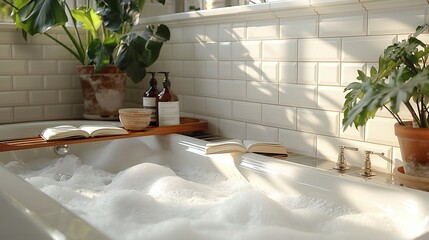 Warm foamy bath and books in bathroom image. Comfortable place to relax and spend free time photography scene wallpaper. Cozy lifestyle self care concept photorealistic photo