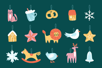 Set of Christmas tree decorations. Christmas tree decorations houses, birds, animals, star, cup of cocoa, snowflakes. Flat vector illustration