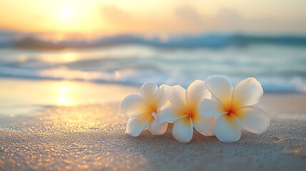 White frangipani flowers on sandy beach with ocean waves at sunrise - Generated AI