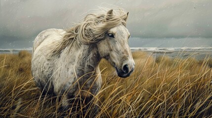 White horse grazing in a green meadow with rolling hills in the background, capturing a peaceful rural landscape in the early morning light"