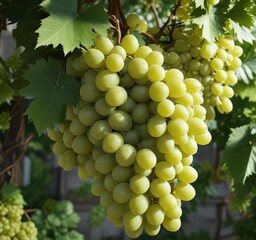 Large cluster of white wine grapes surrounded by fresh green leaves, ripe for picking, viticulture, wine production