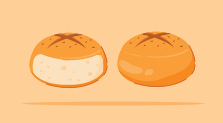 set of pieces of Rolled bread and whole. Homemade round wheat bread, for posters and web icons