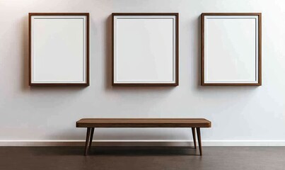 Minimalist gallery interior featuring empty frames and a wooden bench in a serene setting