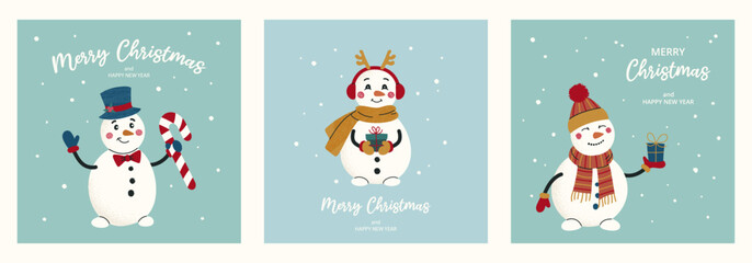 Naklejka premium Collection 3 celebration square Christmas cards with drawing snowmen in various poses and items. Flat vector illustration with textures on blue and green backdrop. For poster, invitation, social media