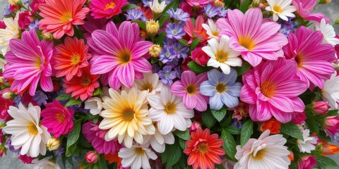 A vibrant, lush bouquet of assorted blooms in full bloom, romantic, wedding flowers