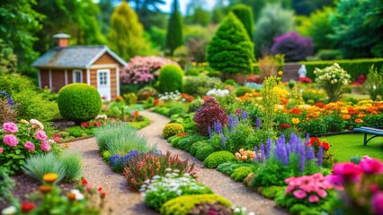 Obraz premium Miniatur Gartenbepflanzung, Tilt-Shift Fotografie, Pflanzen, Blumen, Beete, Garten, Gestaltung, Landschaftsbau, Miniaturwelt, Gartendesign, Gartenideen, Pflanzenkombinationen