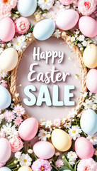 A cheerful Easter sale banner featuring pastel-colored eggs on a clean white background, with ample space for promotional text, creating a bright and inviting design for spring marketing.