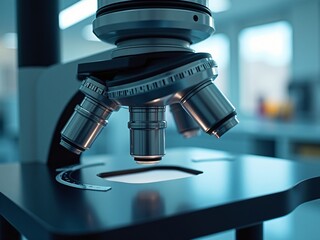 Close-up shot of microscope with metal lens at laboratory.