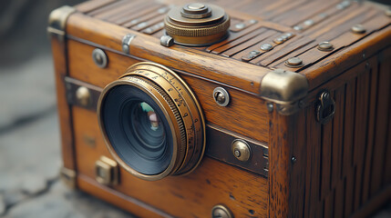 Retro pinhole camera design closeup Focus the analog exposure and shutter mechanics Minimalist wooden frame with brass fittings
