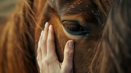 Close-up portrait of a female hand gently stroking the head of a brown horse, showing a moment of connection and care