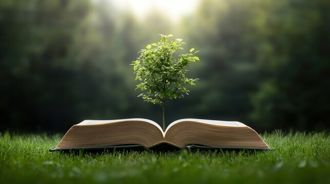 Tree growing from an open book in a lush forest symbolizes knowledge, growth, and the unity of nature with education