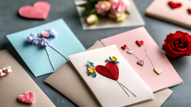 handmade valentines day cards, colorful diy valentines day cards with hand-painted hearts, d paper flowers, and handwritten notes, stacked neatly on a table in a vibrant photo