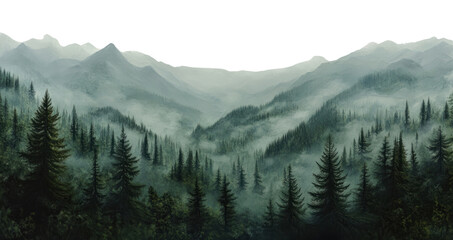 Obraz premium PNG Misty forest mountains with tall green trees landscape nature fog.