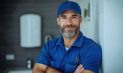 Smiling plumber in blue uniform ready to assist in modern bathroom renovation