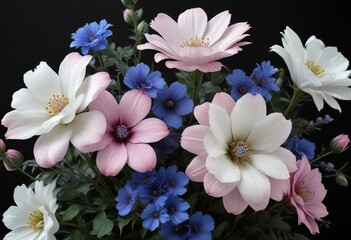 Moody and striking composition of white, pink, and blue flowers on a black background, striking, nature